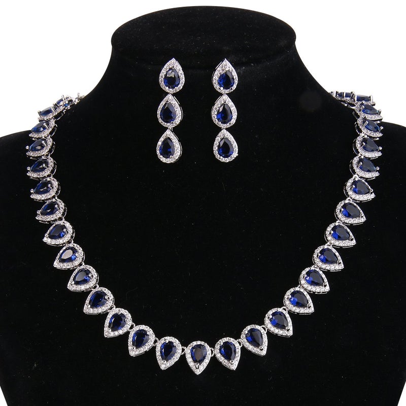 EleQueen Women's Wedding Bridal Full Prong Cubic Zirconia Teardrop Necklace Earrings Set for Brides Bridesmaids Sapphire Color - Image 5